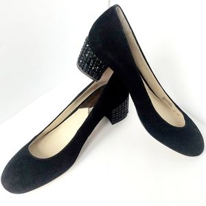 EUC Michael Kors Arabella Blk Suede Block Kitten Jeweled Heel Dress Pumps Size 7